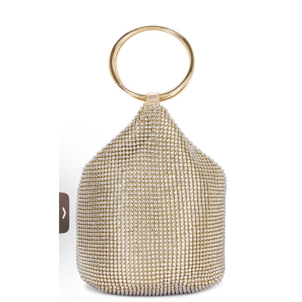 Olga Berg Ellie Crystal Mesh Ring Handle Bag Champagne NEW $119